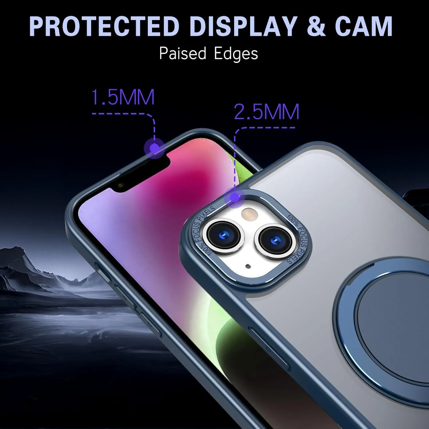 IYH 360 Rotatable Stand for iPhone 13,iPhone 14 Phone Case [Compatible with Magsafe], Magnetic Ring Military Grade Shockproof Translucent Back,Matte(Blue)