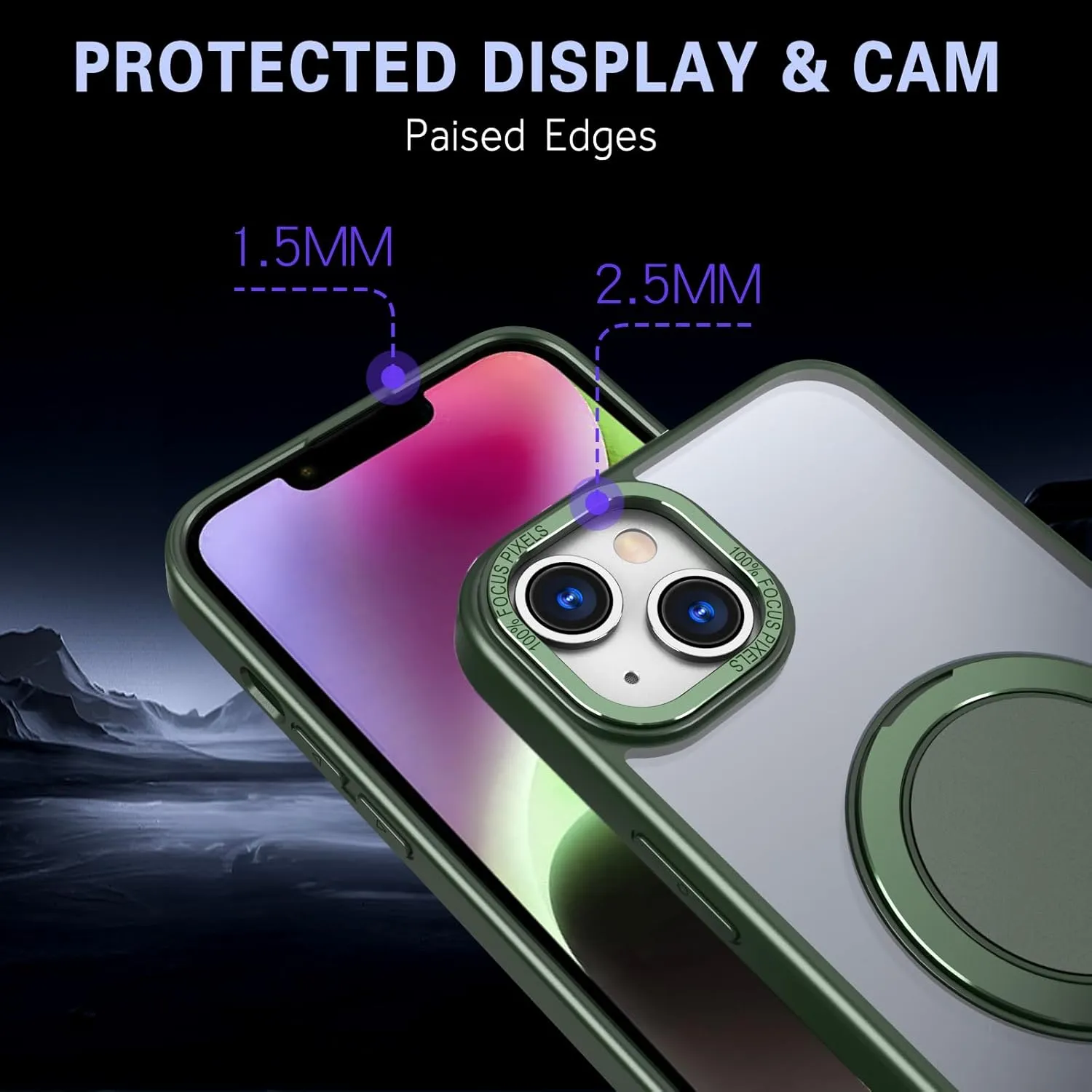 IYH 360 Rotatable Stand for iPhone 13,iPhone 14 Phone Case [Compatible with Magsafe], Magnetic Ring Military Grade Shockproof Translucent Back,Matte(Green)