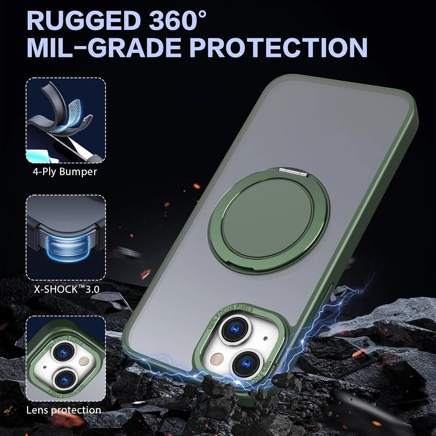 IYH 360 Rotatable Stand for iPhone 13,iPhone 14 Phone Case [Compatible with Magsafe], Magnetic Ring Military Grade Shockproof Translucent Back,Matte(Green)