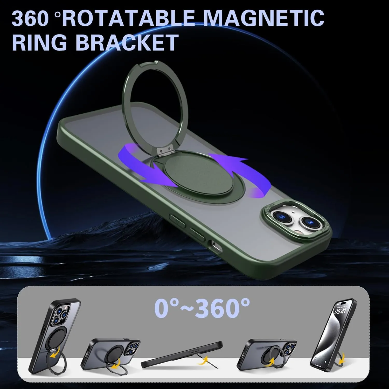IYH 360 Rotatable Stand for iPhone 13,iPhone 14 Phone Case [Compatible with Magsafe], Magnetic Ring Military Grade Shockproof Translucent Back,Matte(Green)