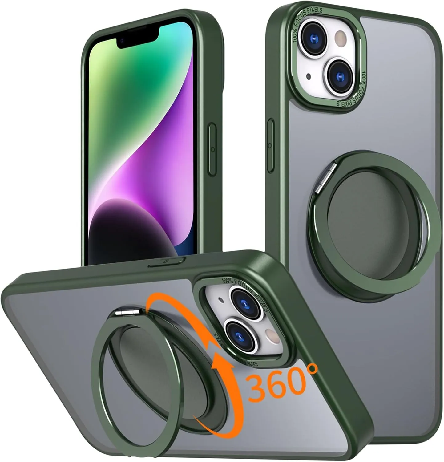 IYH 360 Rotatable Stand for iPhone 13,iPhone 14 Phone Case [Compatible with Magsafe], Magnetic Ring Military Grade Shockproof Translucent Back,Matte(Green)