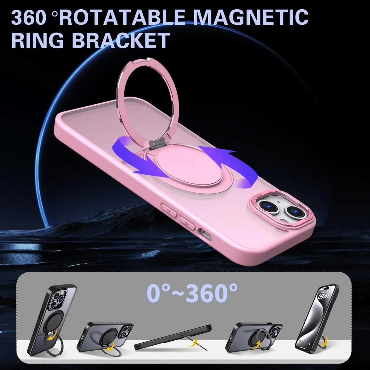 IYH 360 Rotatable Stand for iPhone 13,iPhone 14 Phone Case [Compatible with Magsafe], Magnetic Ring Military Grade Shockproof Translucent Back,Matte(Pink)