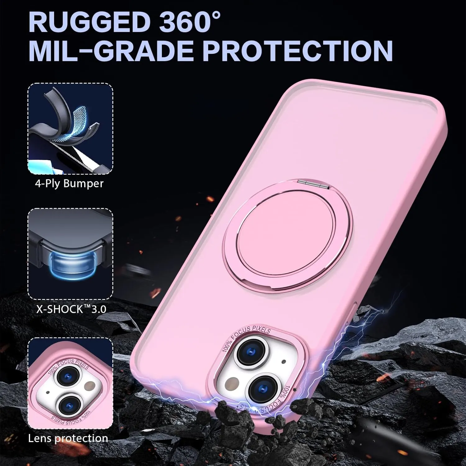 IYH 360 Rotatable Stand for iPhone 13,iPhone 14 Phone Case [Compatible with Magsafe], Magnetic Ring Military Grade Shockproof Translucent Back,Matte(Pink)