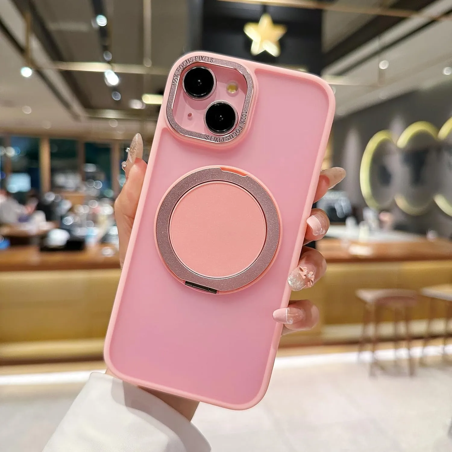 IYH 360 Rotatable Stand for iPhone 13,iPhone 14 Phone Case [Compatible with Magsafe], Magnetic Ring Military Grade Shockproof Translucent Back,Matte(Pink)