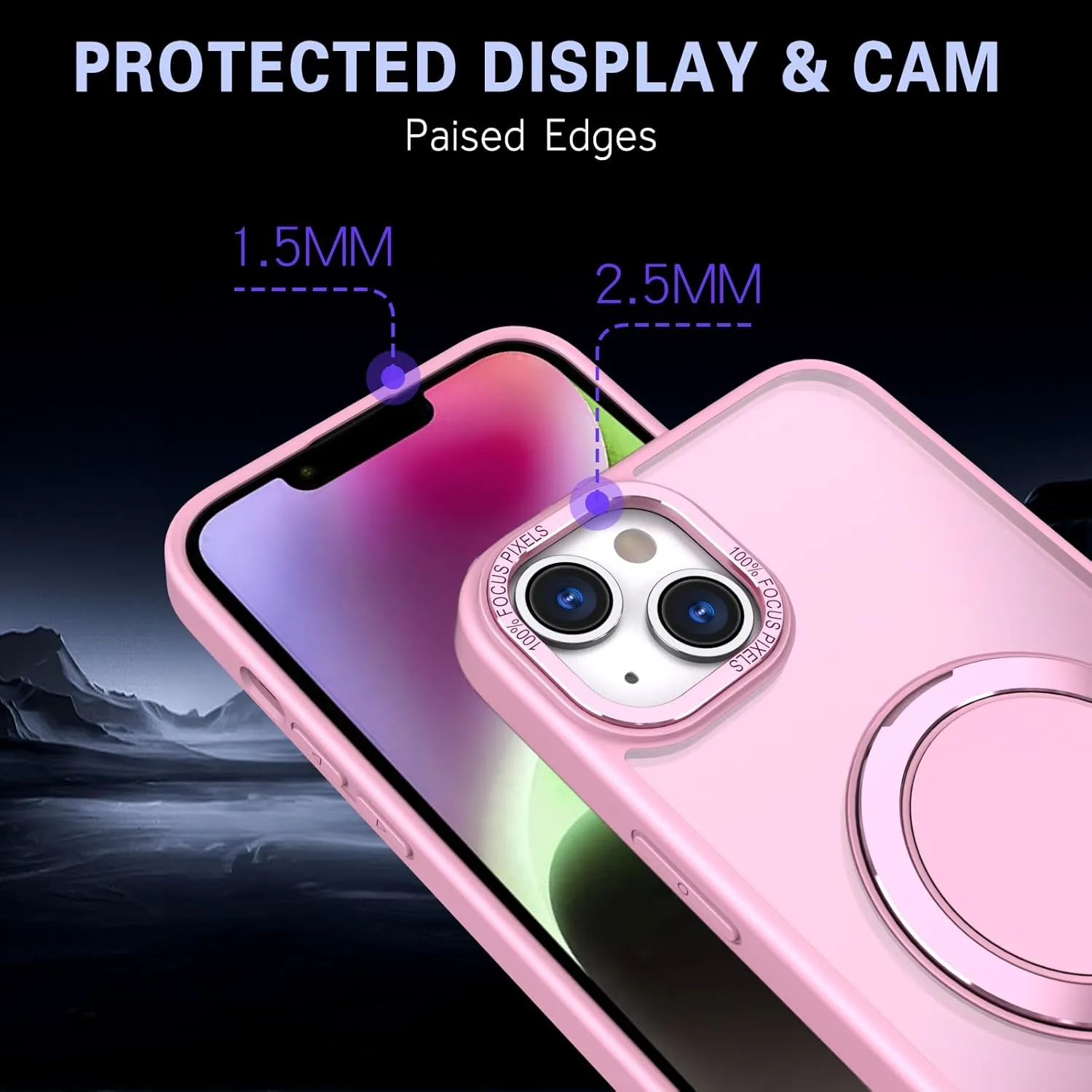 IYH 360 Rotatable Stand for iPhone 13,iPhone 14 Phone Case [Compatible with Magsafe], Magnetic Ring Military Grade Shockproof Translucent Back,Matte(Pink)