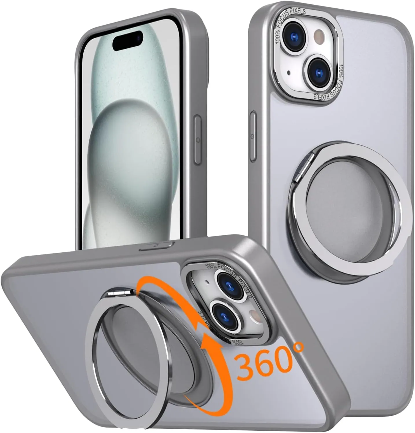 IYH 360 Rotatable Stand for iPhone 15 Phone Case [Compatible with Magsafe], Magnetic Ring Military Grade Shockproof Translucent Back,Matte(Gray)