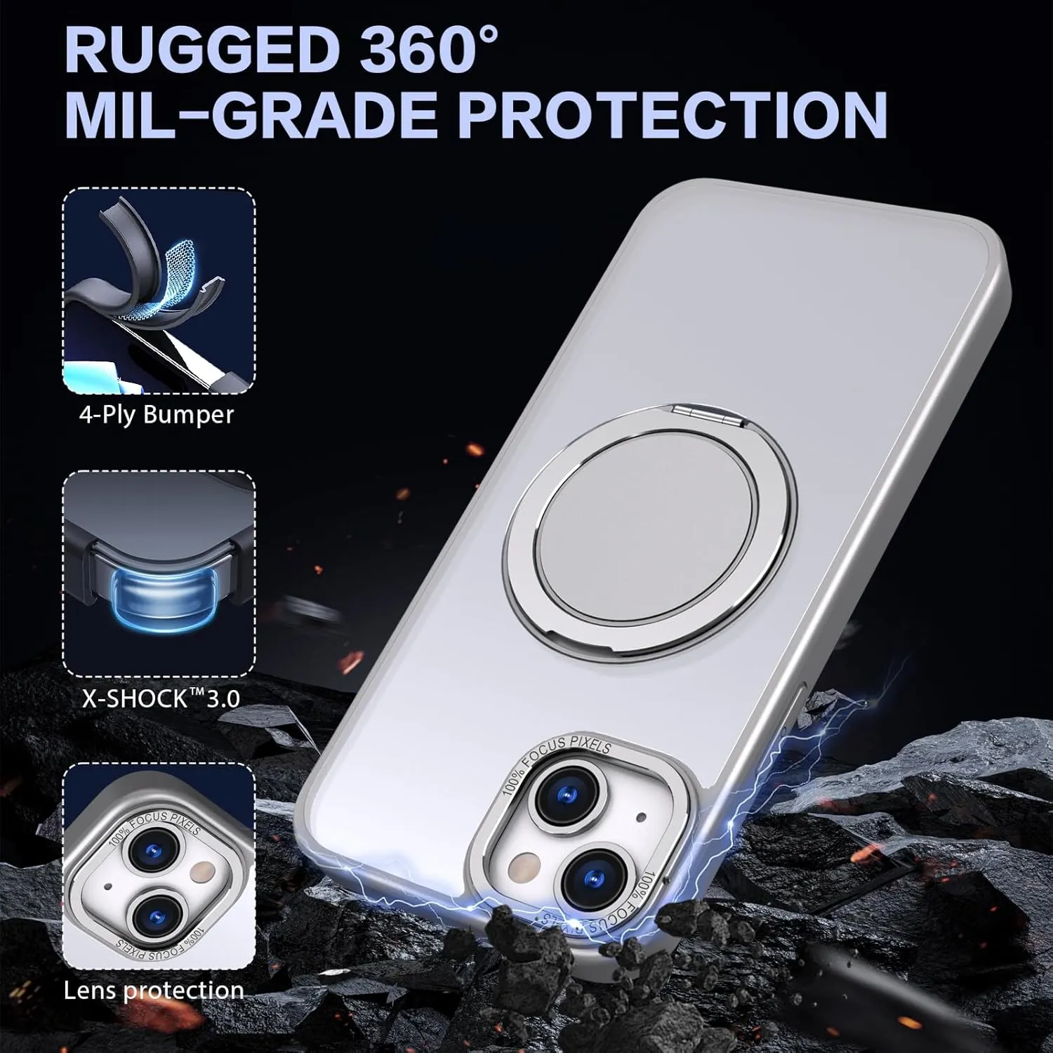 IYH 360 Rotatable Stand for iPhone 15 Phone Case [Compatible with Magsafe], Magnetic Ring Military Grade Shockproof Translucent Back,Matte(Gray)