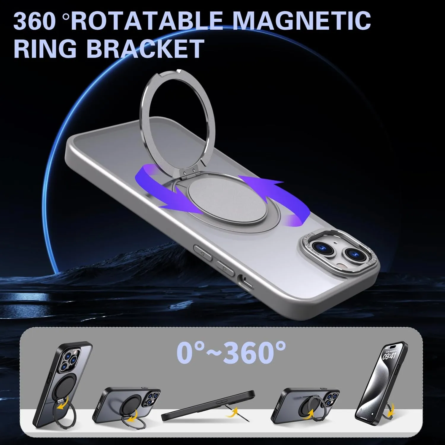 IYH 360 Rotatable Stand for iPhone 15 Phone Case [Compatible with Magsafe], Magnetic Ring Military Grade Shockproof Translucent Back,Matte(Gray)