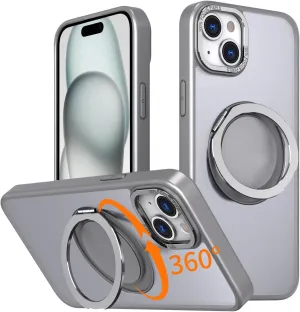 IYH 360 Rotatable Stand for iPhone 15 Phone Case [Compatible with Magsafe], Magnetic Ring Military Grade Shockproof Translucent Back,Matte(Gray)