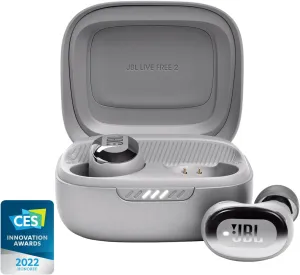 JBL Live Free 2 - True Wireless Noise Cancelling Earbuds, Up to 35hrs of Playtime, 6 mics for Perfect Calls with Zero Noise, IPX5 Waterproof, Oval Tubes for Better Comfort, Isolation, & bass (Silver)