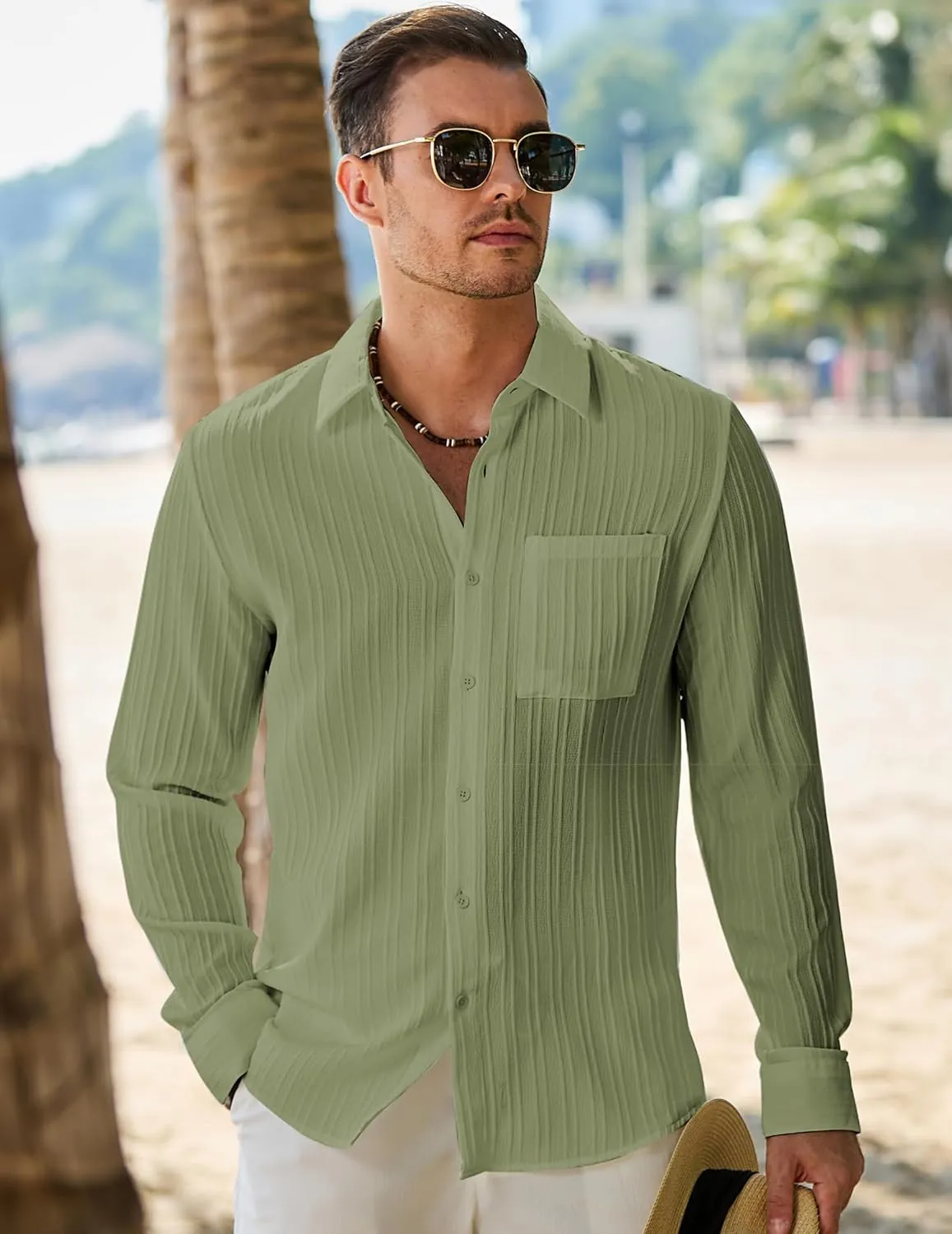 JMIERR Men's Button Down Dress Shirts Textured Long Sleeve Casual Hawaiian Beach Shirt with Pocket