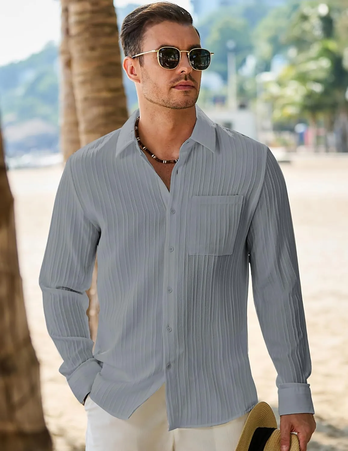 JMIERR Men's Button Down Dress Shirts Textured Long Sleeve Casual Hawaiian Beach Shirt with Pocket