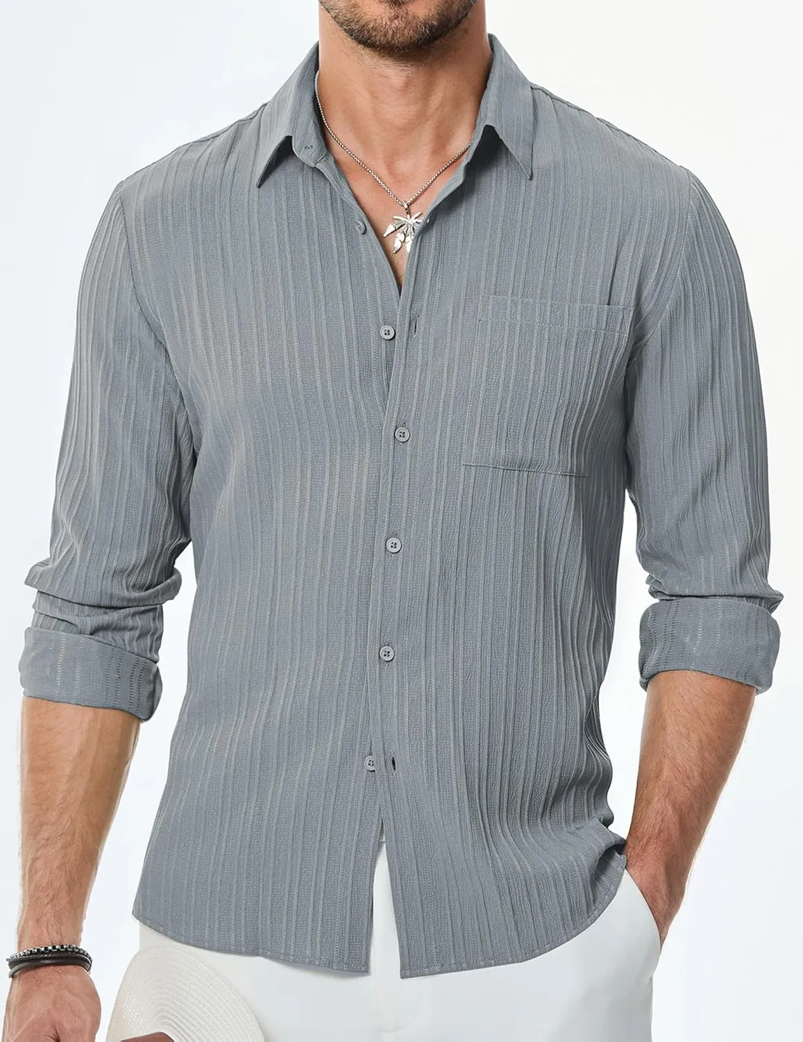 JMIERR Men's Button Down Dress Shirts Textured Long Sleeve Casual Hawaiian Beach Shirt with Pocket