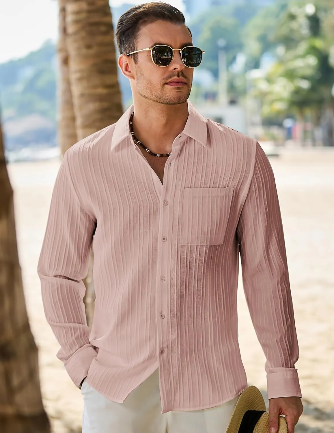 JMIERR Men's Button Down Dress Shirts Textured Long Sleeve Casual Hawaiian Beach Shirt with Pocket