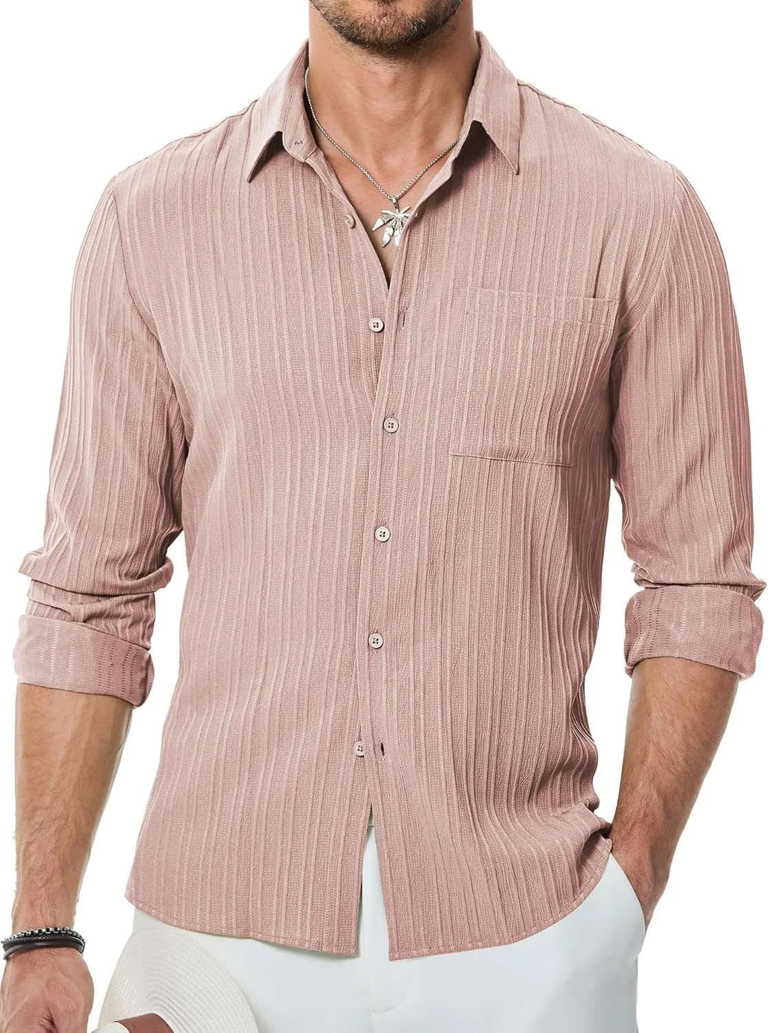 JMIERR Men's Button Down Dress Shirts Textured Long Sleeve Casual Hawaiian Beach Shirt with Pocket