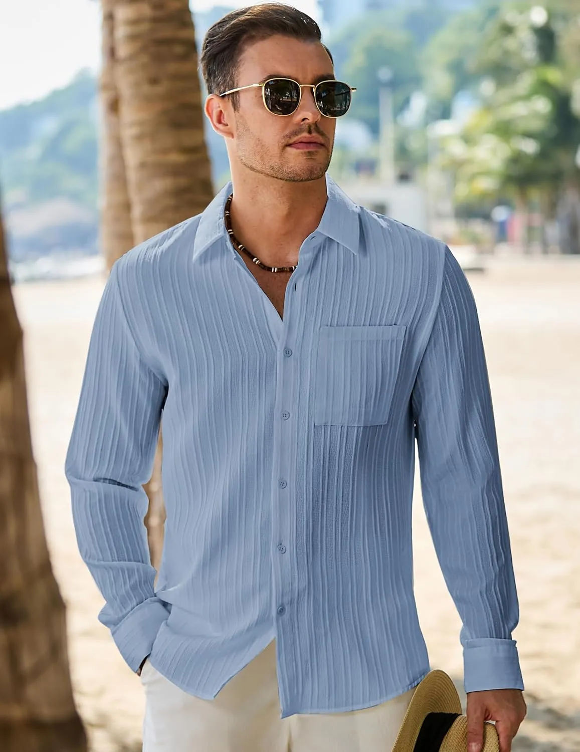 JMIERR Men's Button Down Dress Shirts Textured Long Sleeve Casual Hawaiian Beach Shirt with Pocket