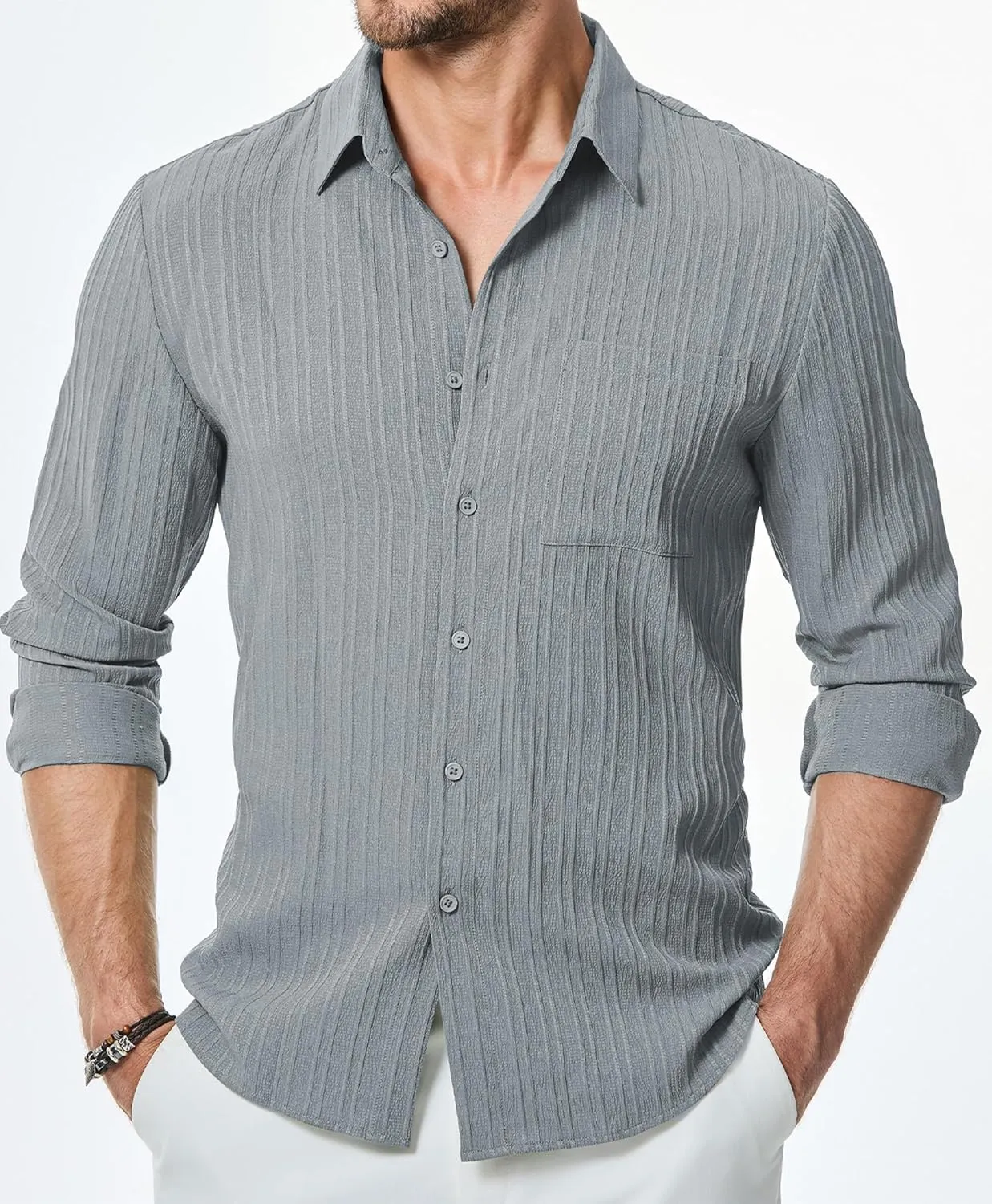 JMIERR Men's Button Down Dress Shirts Textured Long Sleeve Casual Hawaiian Beach Shirt with Pocket