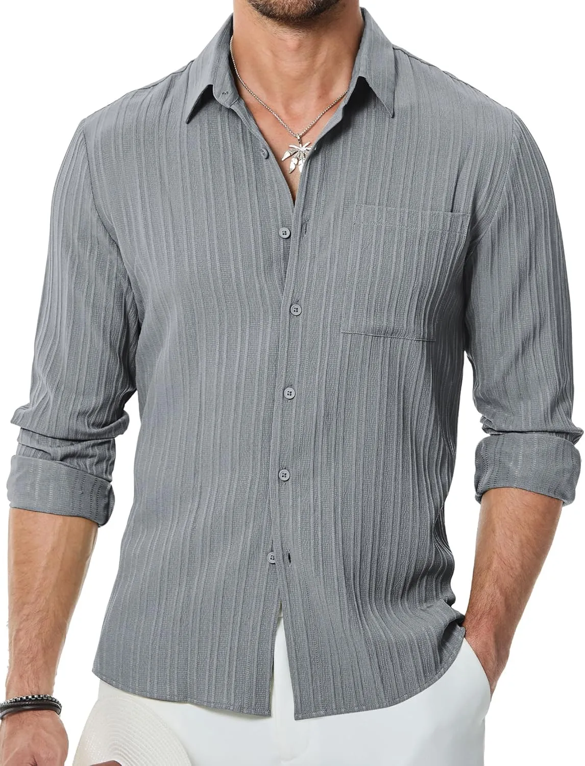 JMIERR Men's Button Down Dress Shirts Textured Long Sleeve Casual Hawaiian Beach Shirt with Pocket