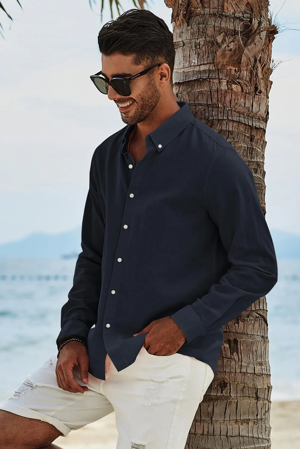 JMIERR Men's Cotton Linen Button Down Shirt Casual Stylish Long Sleeve Business Dress Shirts