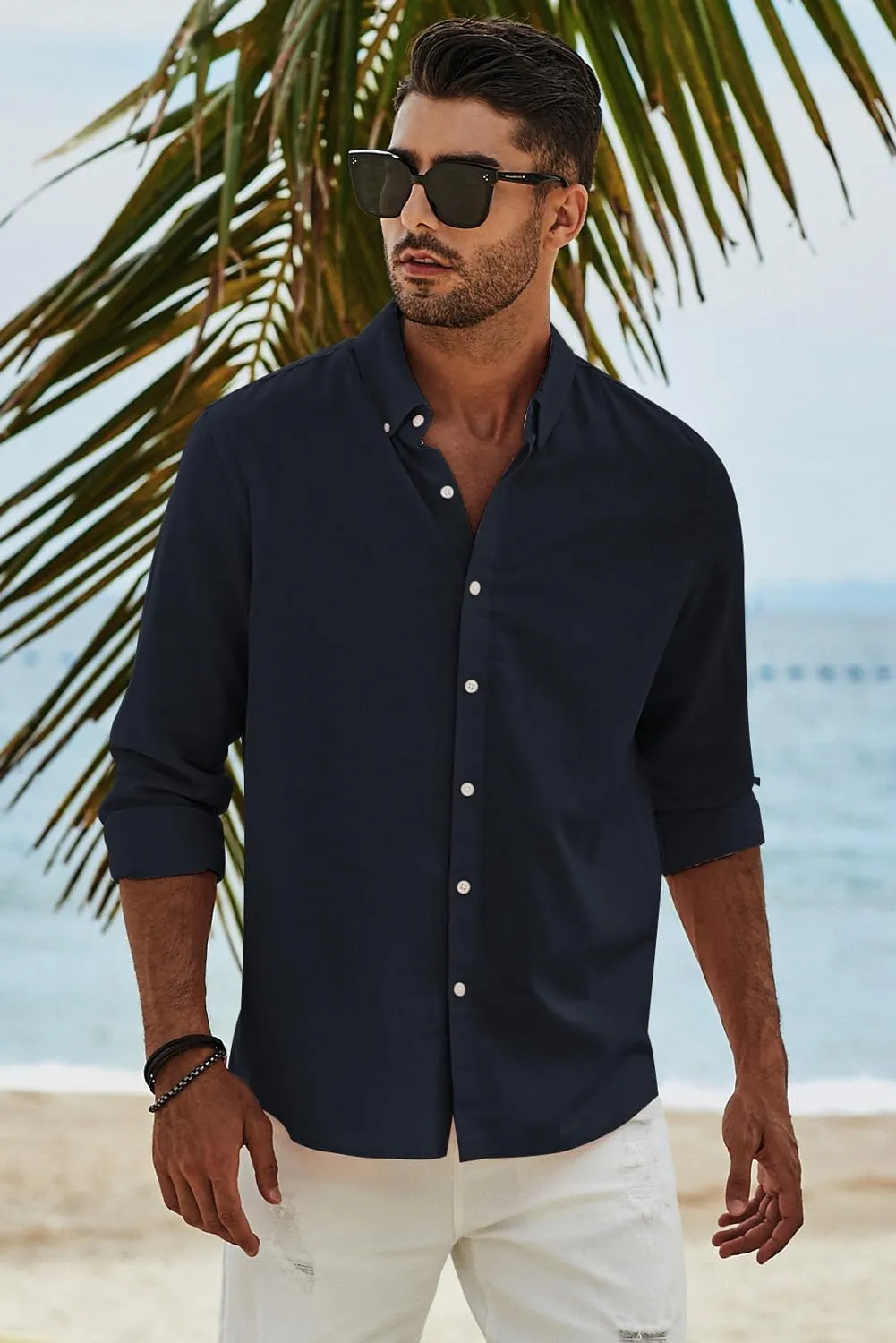 JMIERR Men's Cotton Linen Button Down Shirt Casual Stylish Long Sleeve Business Dress Shirts