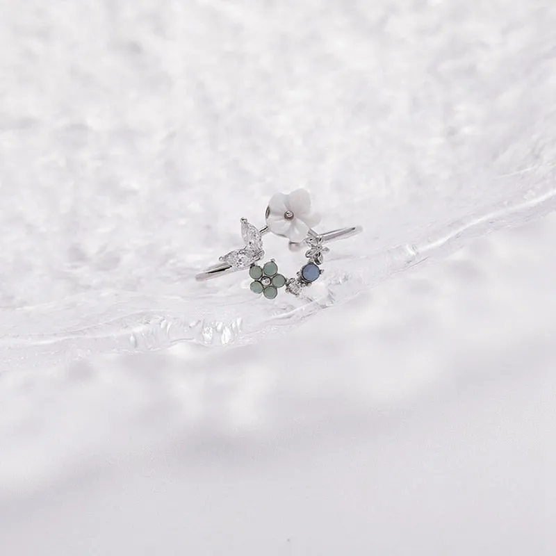 Korean Delicate Zircon Crystal Leaf Shell Flower Heart Rings