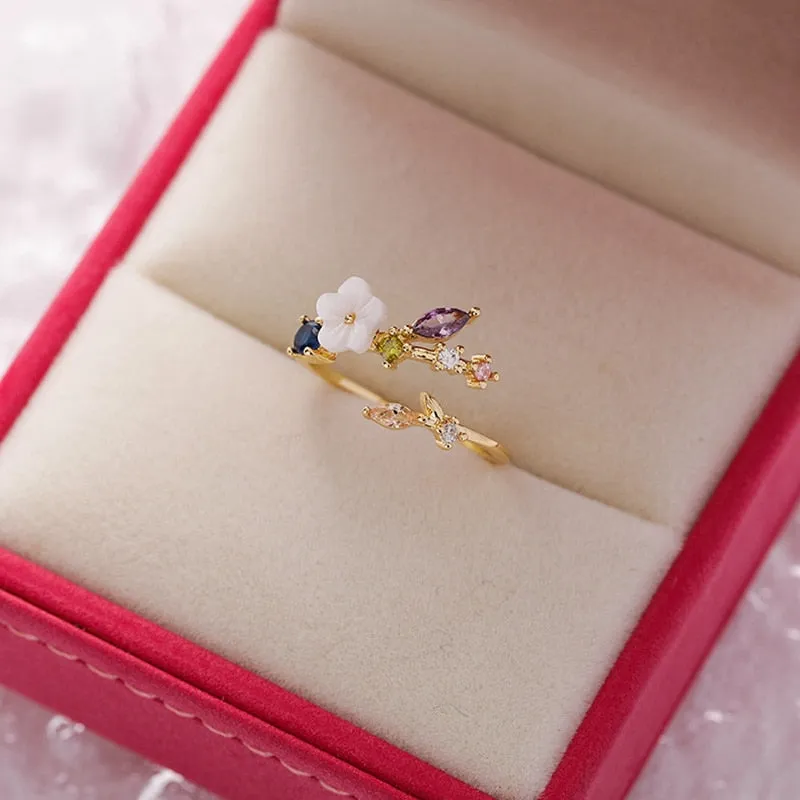 Korean Delicate Zircon Crystal Leaf Shell Flower Heart Rings