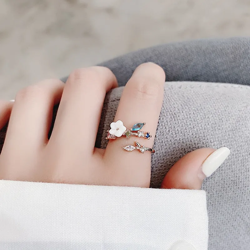 Korean Delicate Zircon Crystal Leaf Shell Flower Heart Rings