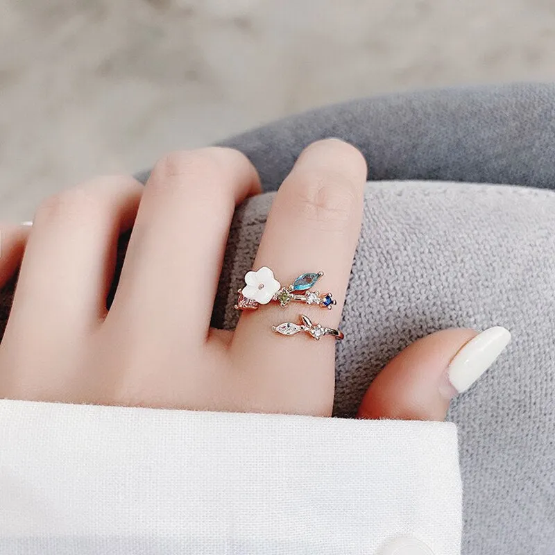 Korean Delicate Zircon Crystal Leaf Shell Flower Heart Rings
