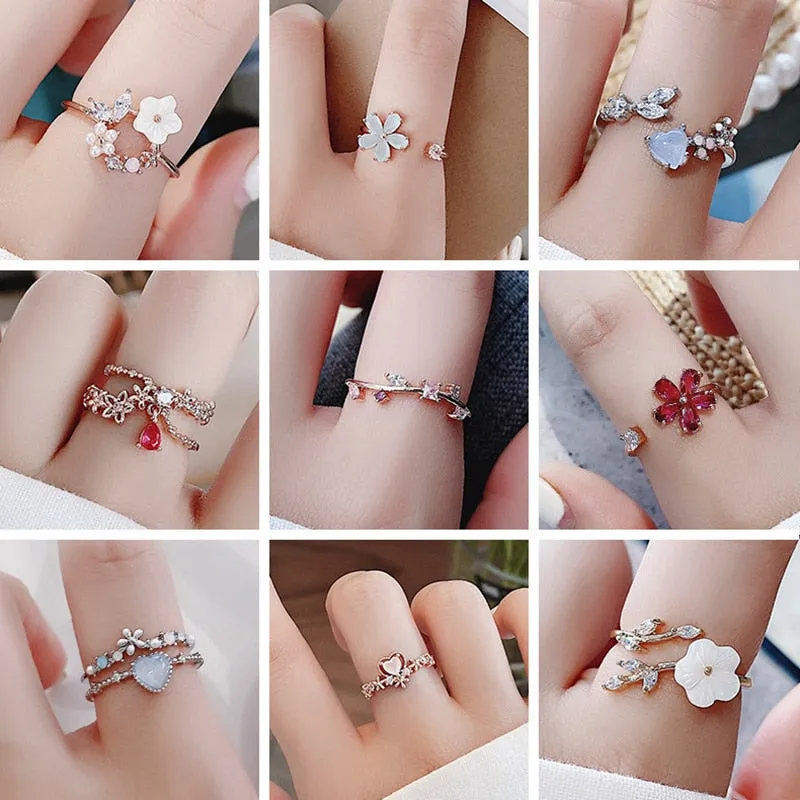 Korean Delicate Zircon Crystal Leaf Shell Flower Heart Rings