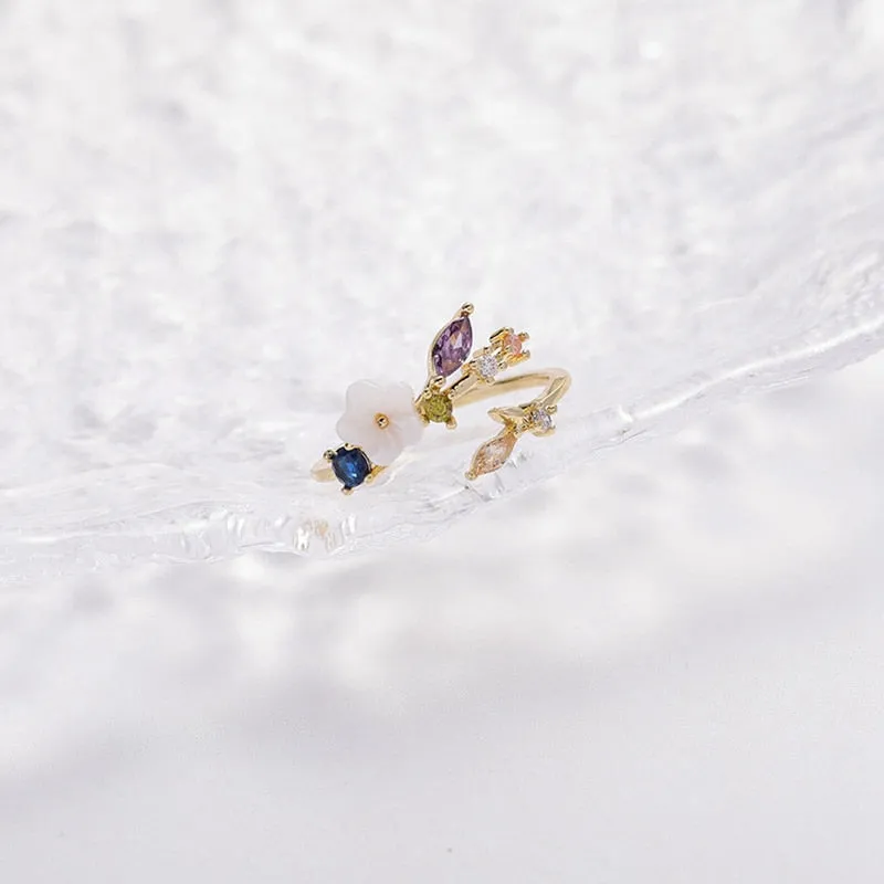 Korean Delicate Zircon Crystal Leaf Shell Flower Heart Rings
