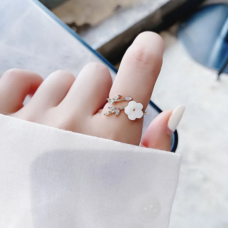 Korean Delicate Zircon Crystal Leaf Shell Flower Heart Rings