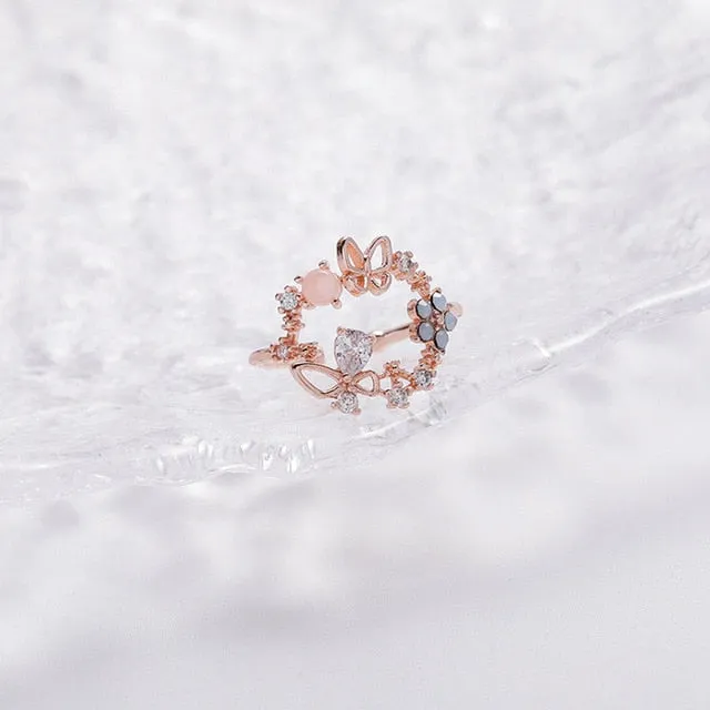 Korean Delicate Zircon Crystal Leaf Shell Flower Heart Rings