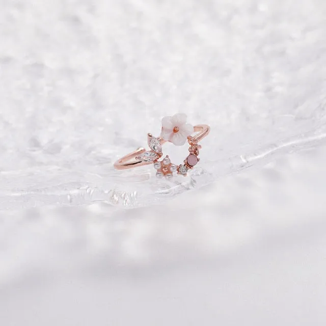 Korean Delicate Zircon Crystal Leaf Shell Flower Heart Rings