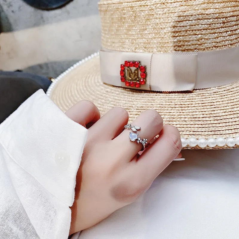 Korean Delicate Zircon Crystal Leaf Shell Flower Heart Rings