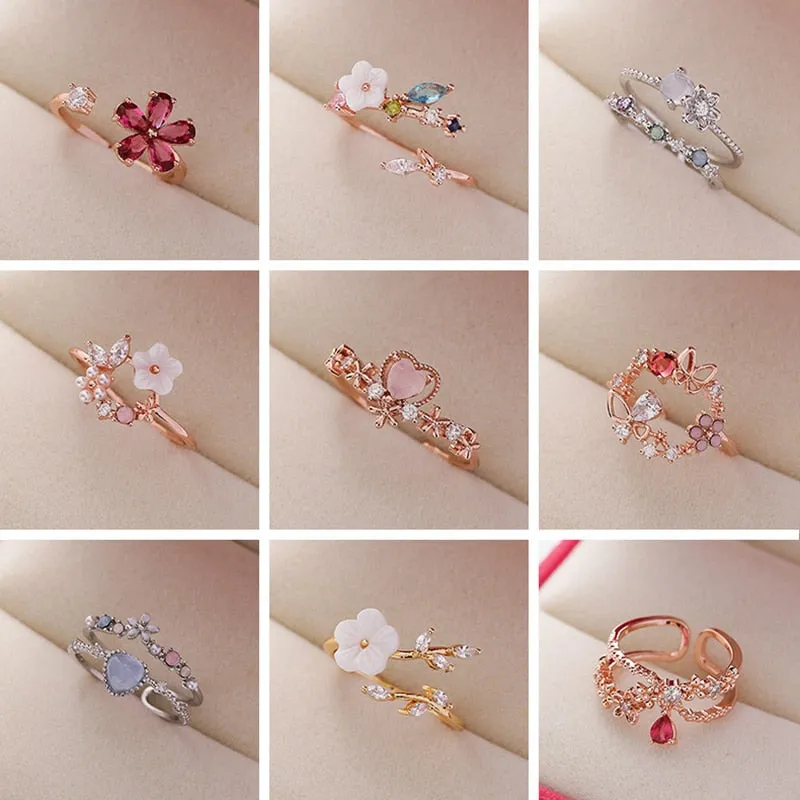 Korean Delicate Zircon Crystal Leaf Shell Flower Heart Rings