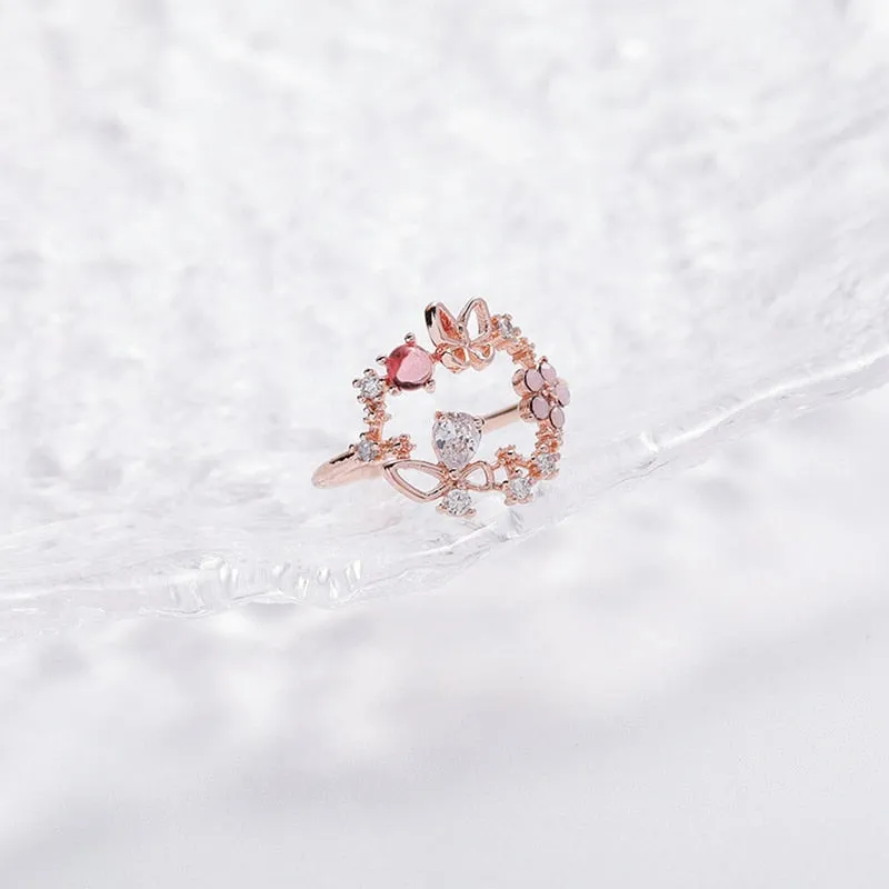 Korean Delicate Zircon Crystal Leaf Shell Flower Heart Rings