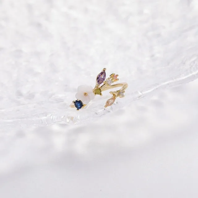 Korean Delicate Zircon Crystal Leaf Shell Flower Heart Rings