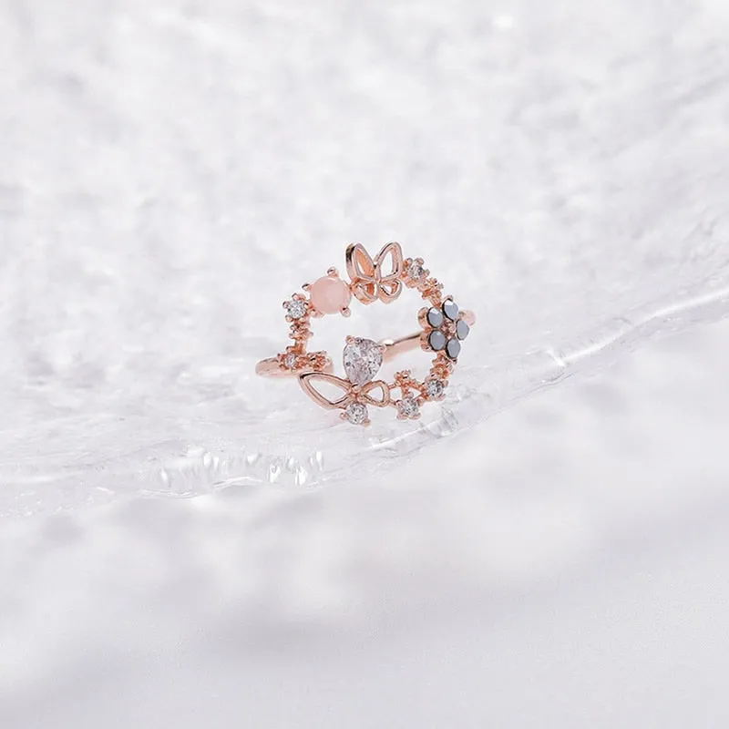 Korean Delicate Zircon Crystal Leaf Shell Flower Heart Rings