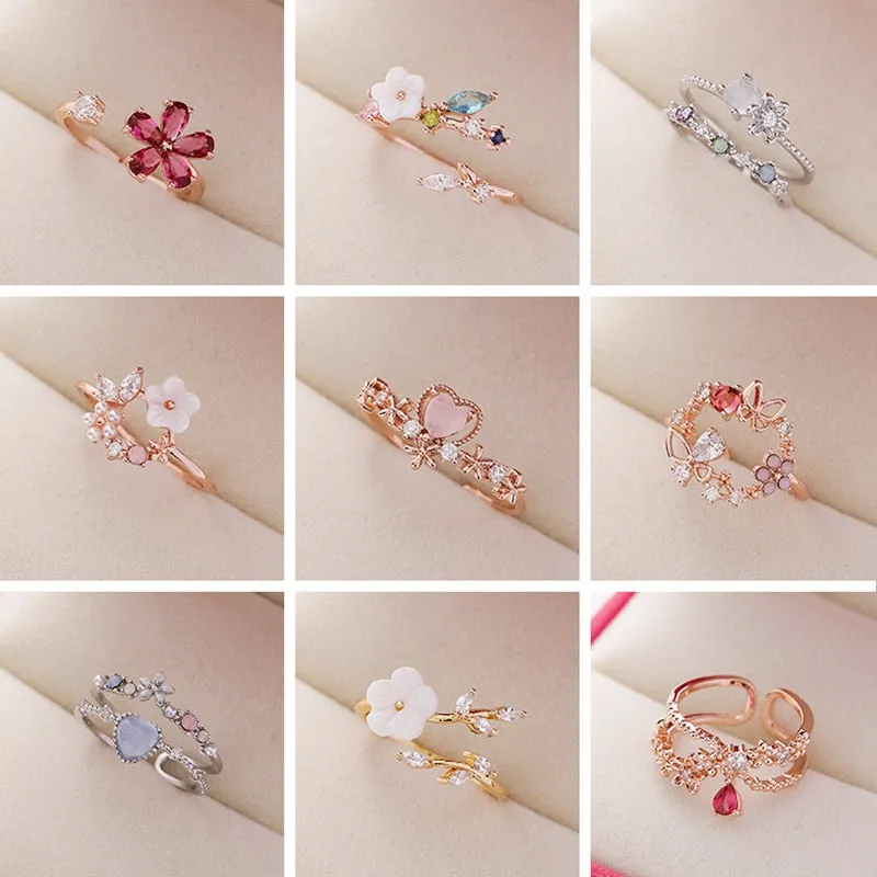 Korean Delicate Zircon Crystal Leaf Shell Flower Heart Rings