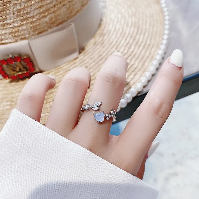 Korean Delicate Zircon Crystal Leaf Shell Flower Heart Rings