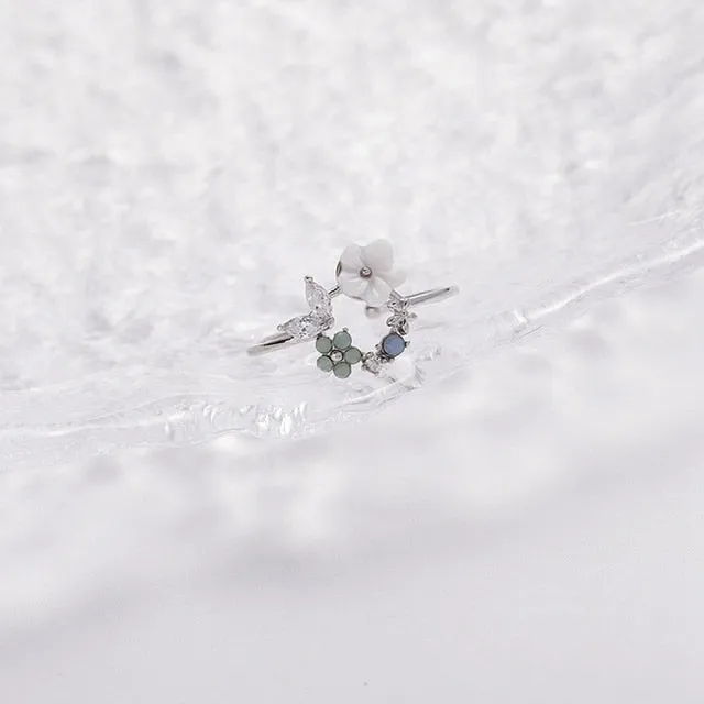 Korean Delicate Zircon Crystal Leaf Shell Flower Heart Rings