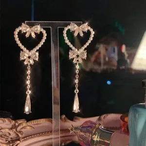 Korean Sweet Pearl Hollow Heart Drop Earrings For Women