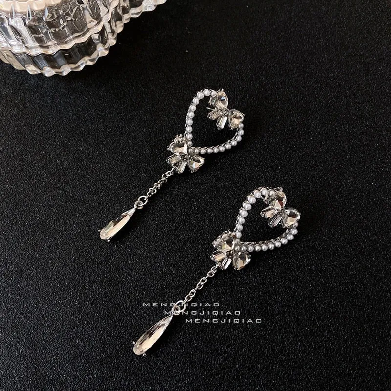 Korean Sweet Pearl Hollow Heart Drop Earrings For Women