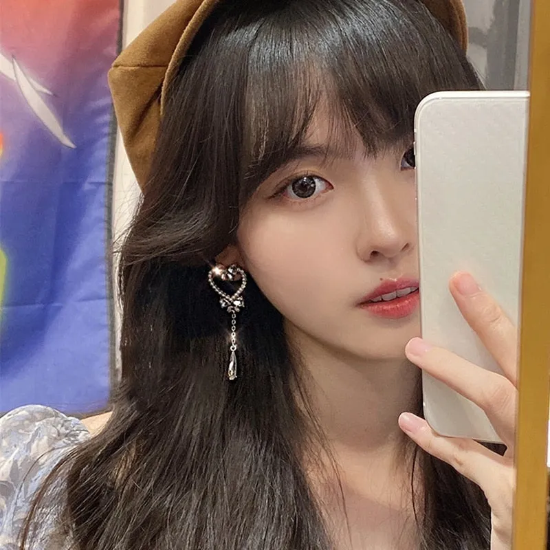 Korean Sweet Pearl Hollow Heart Drop Earrings For Women