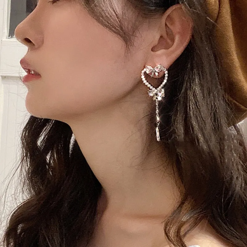 Korean Sweet Pearl Hollow Heart Drop Earrings For Women
