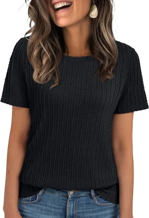 LILLUSORY Womens Short Sleeve Tops Work Summer Spring T-Shirts Vacation Trendy Business Casual Blouses Textured Clothes 2025