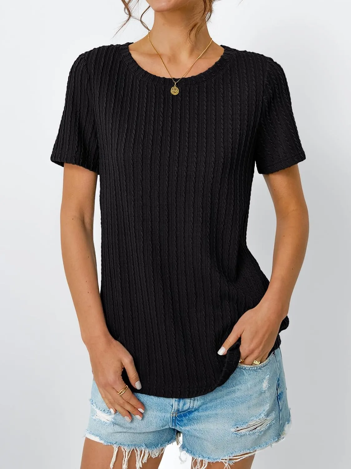 LILLUSORY Womens Short Sleeve Tops Work Summer Spring T-Shirts Vacation Trendy Business Casual Blouses Textured Clothes 2025