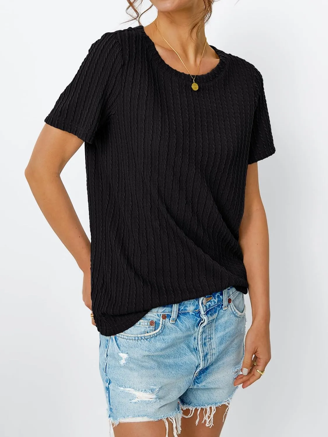 LILLUSORY Womens Short Sleeve Tops Work Summer Spring T-Shirts Vacation Trendy Business Casual Blouses Textured Clothes 2025