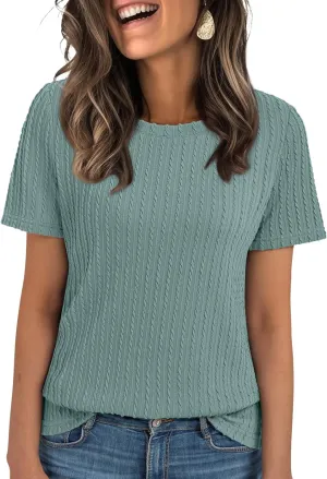 LILLUSORY Womens Short Sleeve Tops Work Summer Spring T-Shirts Vacation Trendy Business Casual Blouses Textured Clothes 2025