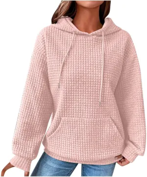LRMQS Hoodies for Women Trendy Fall Fashion 2024 Waffle Knit Drawstring Pullover Sweatshirts Loose Fit Casual Cute Clothes
